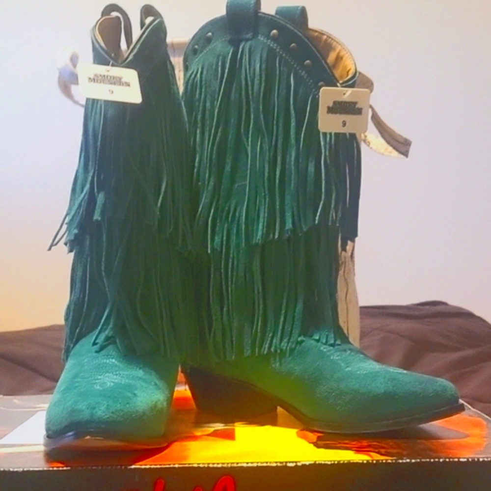 Genuine LEATHER! Fringe Heeled Boots - Turquoise Green.BRAND NEW WITH TAGS!